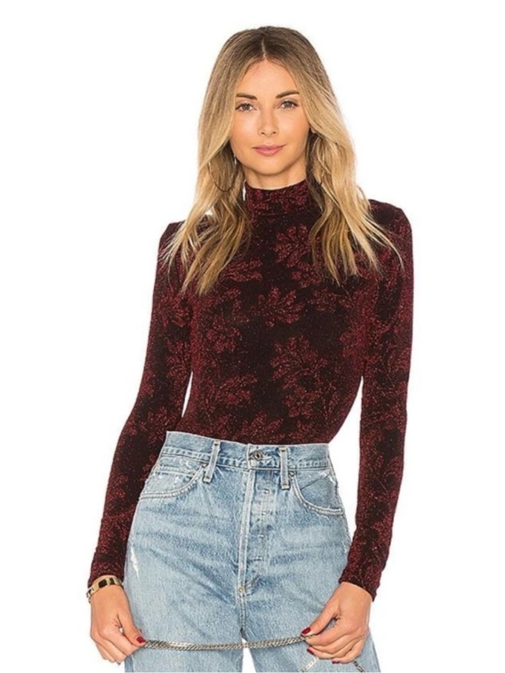 House of Harlow 1960 Burgundy Velvet Mock Neck Bodysuit